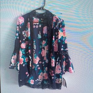 Floral Lace Trim Kimono - Black and Pink